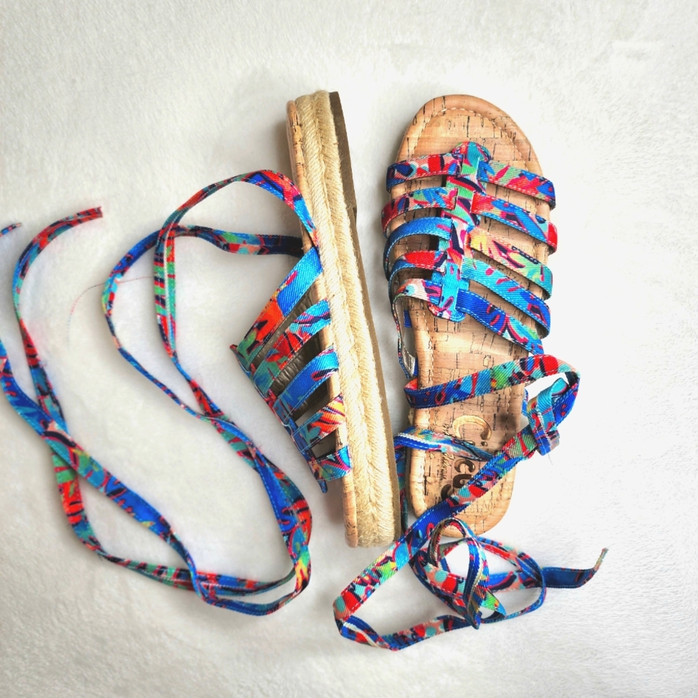 Sam Edelman Circus Colorful Tropical Strappy Wrap Cork Sole Sandals Sz8 Tropical